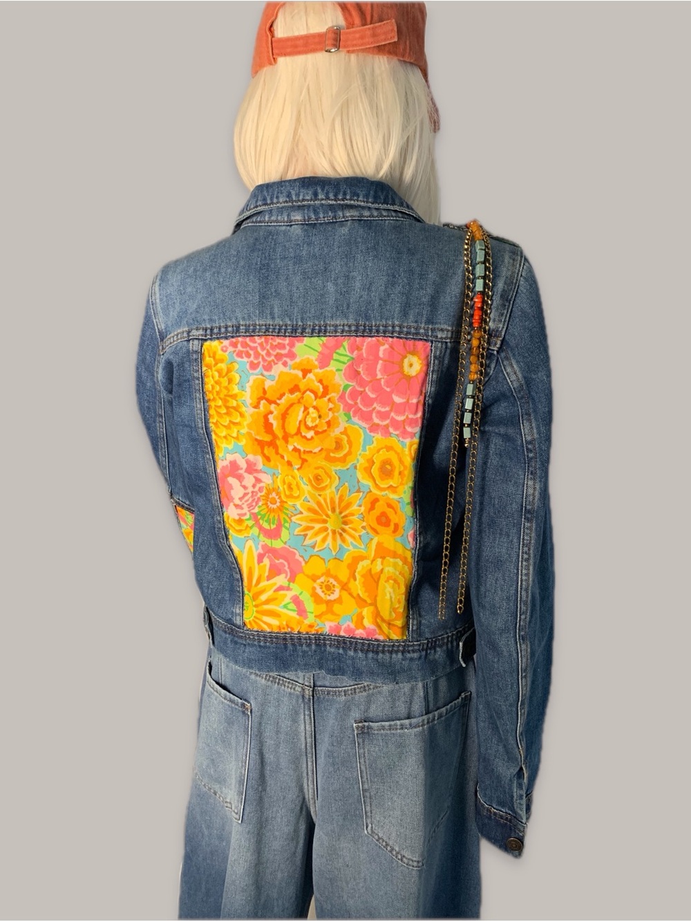 Women's Blue Denim Jacket with Yellow Floral Back Panel